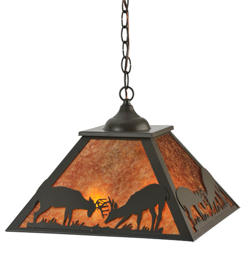 Meyda Lighting Battling Bucks 22" 2-Light Timeless Bronze Pendant Light With Amber Mica Shade Glass