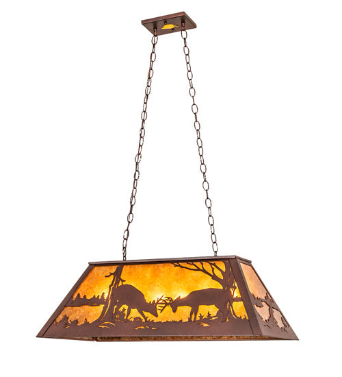 Meyda Lighting Battling Bucks 33" 6-Light Distressed Rust Island Pendant Light With Amber Mica Shade Glass