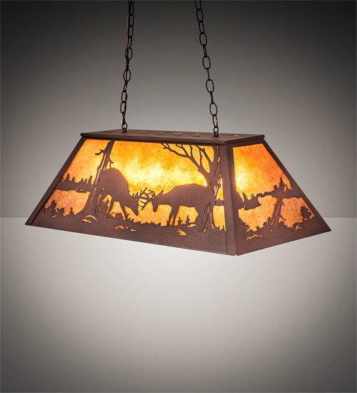 Meyda Lighting Battling Bucks 33" 6-Light Distressed Rust Island Pendant Light With Amber Mica Shade Glass
