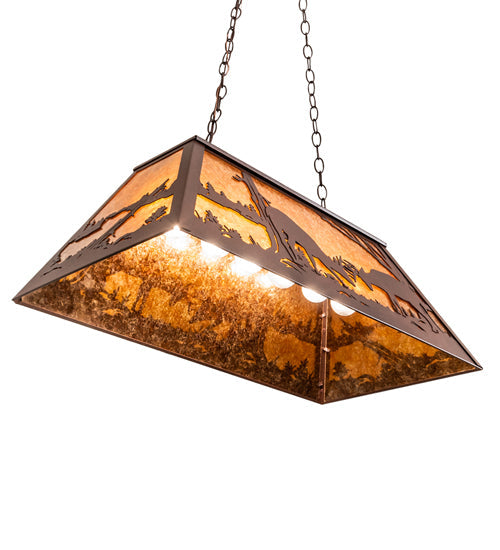 Meyda Lighting Battling Bucks 33" 6-Light Distressed Rust Island Pendant Light With Amber Mica Shade Glass
