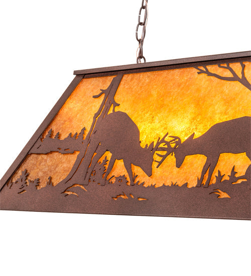 Meyda Lighting Battling Bucks 33" 6-Light Distressed Rust Island Pendant Light With Amber Mica Shade Glass