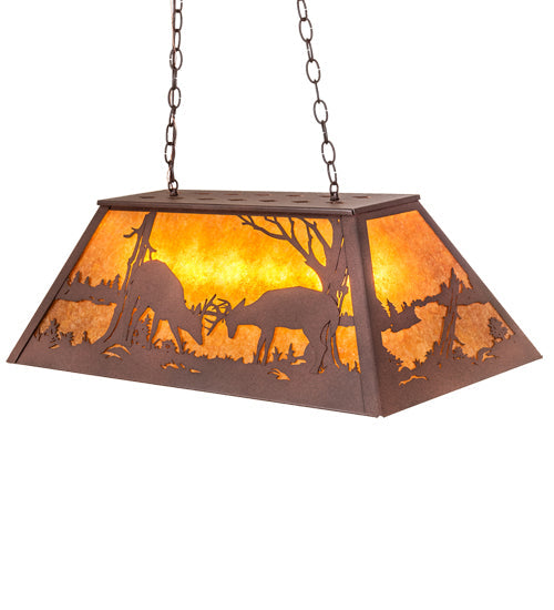 Meyda Lighting Battling Bucks 33" 6-Light Distressed Rust Island Pendant Light With Amber Mica Shade Glass