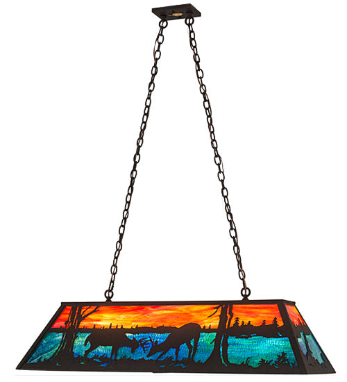 Meyda Lighting Battling Bucks 48" 6-Light Dark Roast Island Pendant Light With Orange & Beluge Green Art Shade Glass