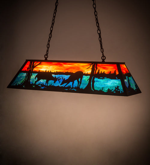 Meyda Lighting Battling Bucks 48" 6-Light Dark Roast Island Pendant Light With Orange & Beluge Green Art Shade Glass