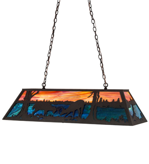 Meyda Lighting Battling Bucks 48" 6-Light Dark Roast Island Pendant Light With Orange & Beluge Green Art Shade Glass