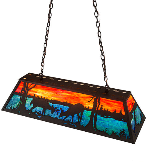 Meyda Lighting Battling Bucks 48" 6-Light Dark Roast Island Pendant Light With Orange & Beluge Green Art Shade Glass