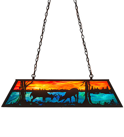 Meyda Lighting Battling Bucks 48" 6-Light Dark Roast Island Pendant Light With Orange & Beluge Green Art Shade Glass