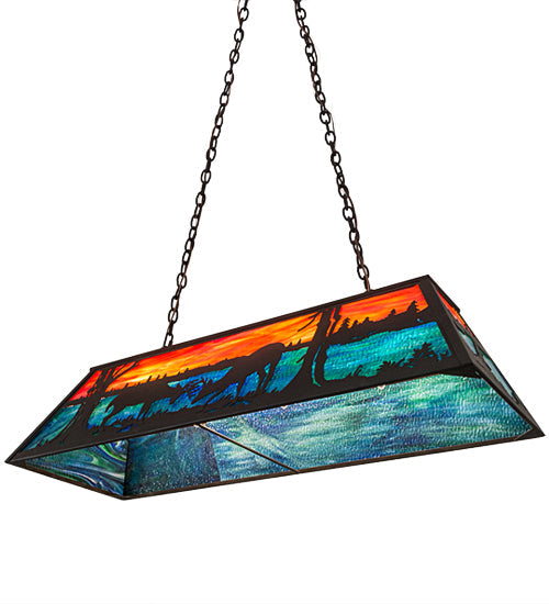 Meyda Lighting Battling Bucks 48" 6-Light Dark Roast Island Pendant Light With Orange & Beluge Green Art Shade Glass