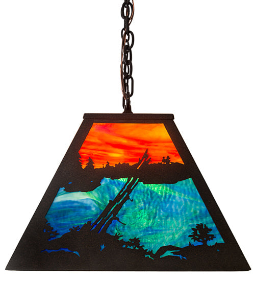 Meyda Lighting Battling Bucks 48" 6-Light Dark Roast Island Pendant Light With Orange & Beluge Green Art Shade Glass