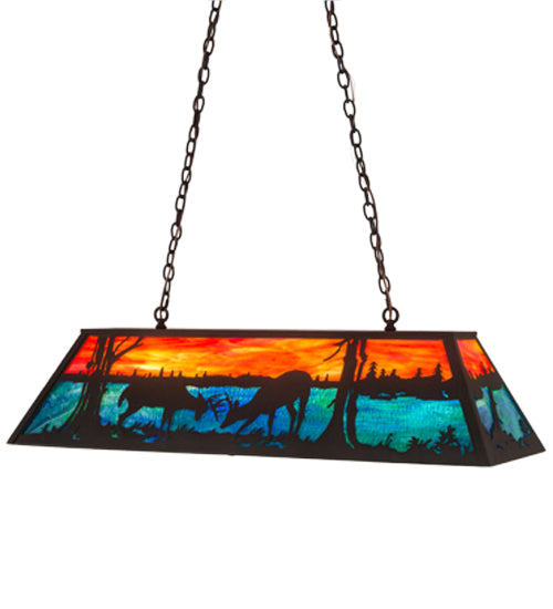 Meyda Lighting Battling Bucks 48" 6-Light Dark Roast Island Pendant Light With Orange & Beluge Green Art Shade Glass