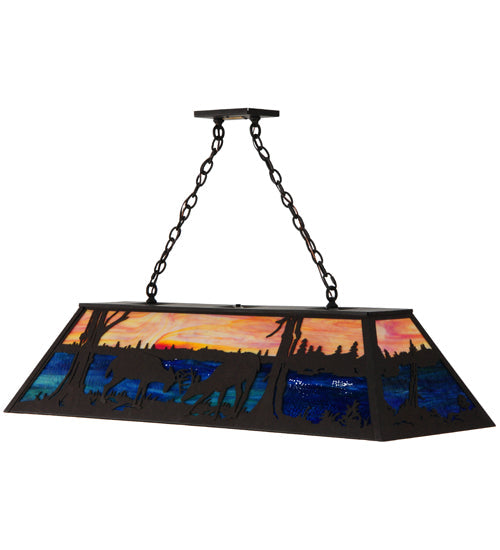 Meyda Lighting Battling Bucks 48" 9-Light Dark Roast Island Pendant Light With Orange & Blue Green Art Shade Glass
