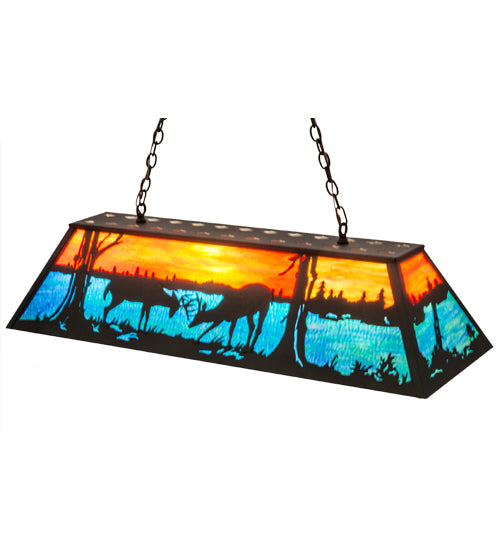 Meyda Lighting Battling Bucks 48" 9-Light Dark Roast Island Pendant Light With Orange & Blue Green Art Shade Glass