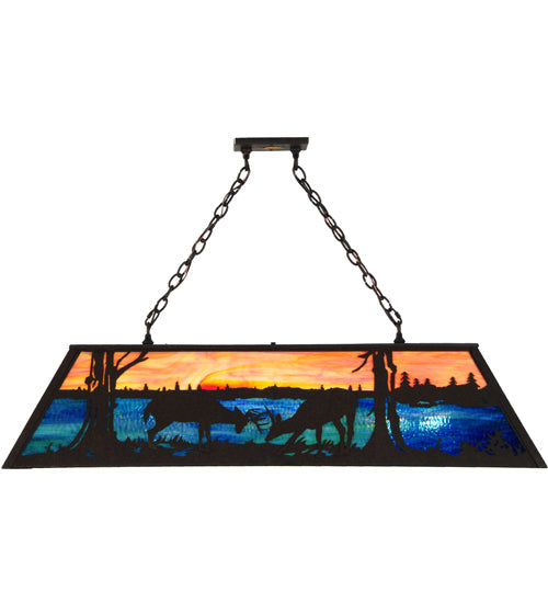 Meyda Lighting Battling Bucks 48" 9-Light Dark Roast Island Pendant Light With Orange & Blue Green Art Shade Glass