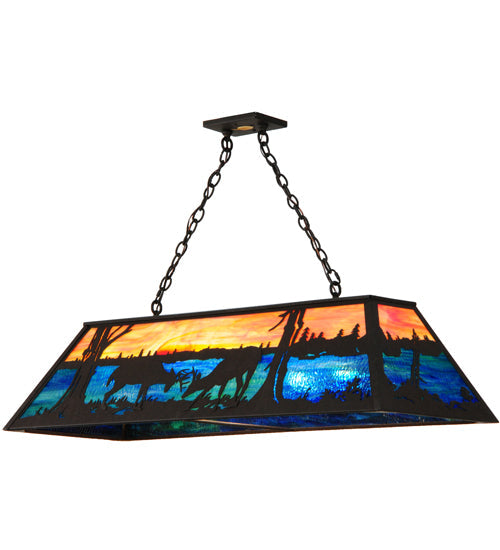 Meyda Lighting Battling Bucks 48" 9-Light Dark Roast Island Pendant Light With Orange & Blue Green Art Shade Glass