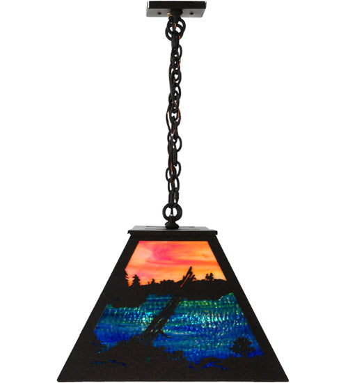 Meyda Lighting Battling Bucks 48" 9-Light Dark Roast Island Pendant Light With Orange & Blue Green Art Shade Glass