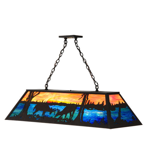 Meyda Lighting Battling Bucks 48" 9-Light Dark Roast Island Pendant Light With Orange & Blue Green Art Shade Glass