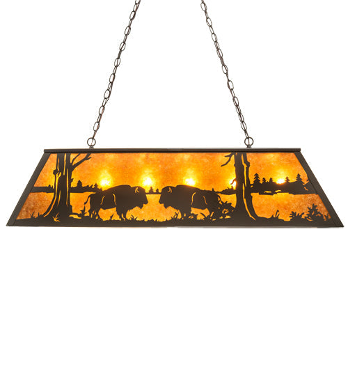 Meyda Lighting Battling Buffalo 48" 6-Light Timeless Bronze Island Pendant Light With Amber Mica Shade Glass