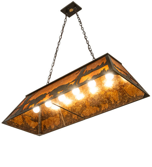 Meyda Lighting Battling Buffalo 48" 6-Light Timeless Bronze Island Pendant Light With Amber Mica Shade Glass