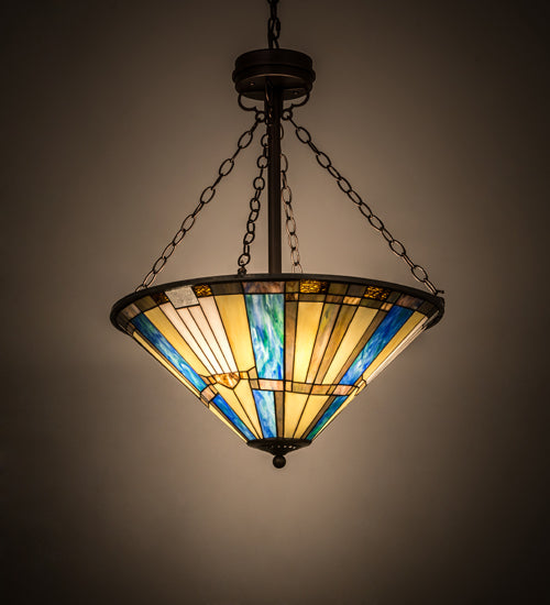Meyda Lighting Beachfront 25" 4-Light Mahogany Bronze Inverted Pendant Light With Multi-Colored Shade Glass