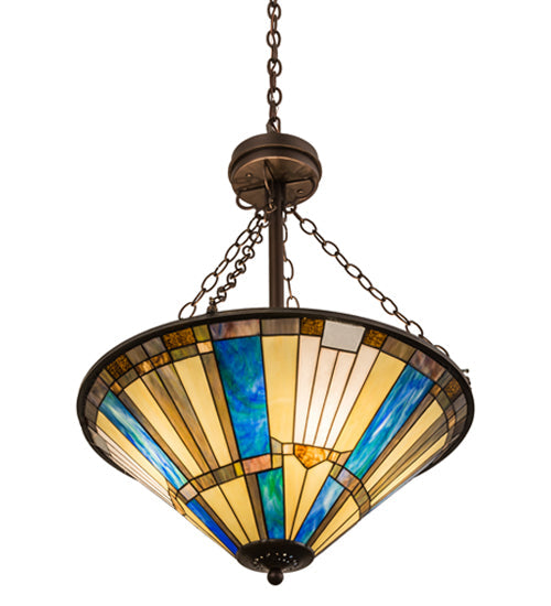 Meyda Lighting Beachfront 25" 4-Light Mahogany Bronze Inverted Pendant Light With Multi-Colored Shade Glass