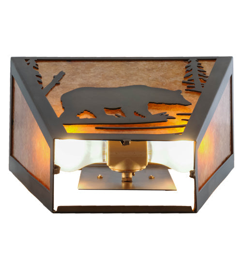 Meyda Lighting Bear Creek 13" 2-Light Antique Copper Wall Sconce With Amber Mica Shade Glass