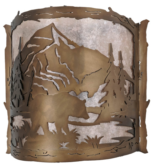 Meyda Lighting Bear Creek 15" 2-Light Antique Copper Wall Sconce With Silver Mica Shade Glass