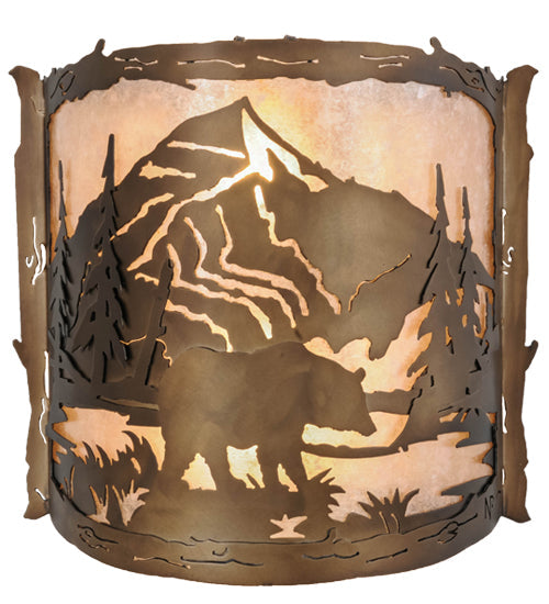 Meyda Lighting Bear Creek 15" 2-Light Antique Copper Wall Sconce With Silver Mica Shade Glass