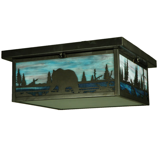 Meyda Lighting Bear Creek 23" 2-Light Craftsman Brown Flush Mount Light With Green and Blue Shade Glass