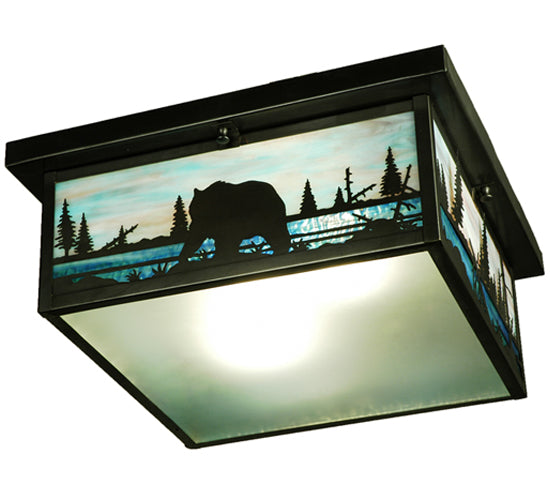 Meyda Lighting Bear Creek 23" 2-Light Craftsman Brown Flush Mount Light With Green and Blue Shade Glass