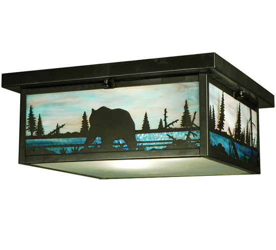 Meyda Lighting Bear Creek 23" 2-Light Craftsman Brown Flush Mount Light With Green and Blue Shade Glass