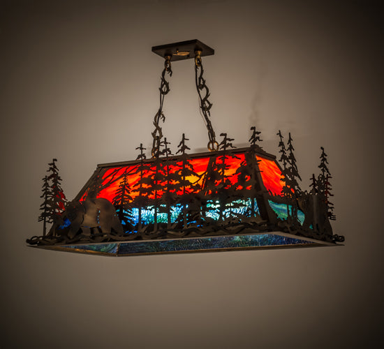 Meyda Lighting Bear Through the Trees 36" 6-Light Dark Burnished Antique Copper Island Pendant Light With Orange Sunset & Blue Green Shade Glass