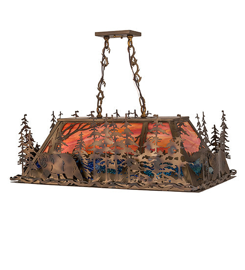 Meyda Lighting Bear Through the Trees 36" 6-Light Dark Burnished Antique Copper Island Pendant Light With Orange Sunset & Blue Green Shade Glass