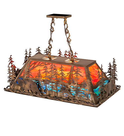 Meyda Lighting Bear Through the Trees 36" 6-Light Dark Burnished Antique Copper Island Pendant Light With Orange Sunset & Blue Green Shade Glass