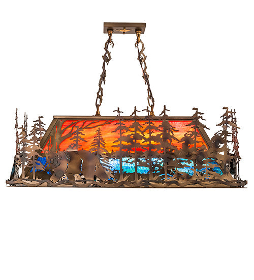 Meyda Lighting Bear Through the Trees 36" 6-Light Dark Burnished Antique Copper Island Pendant Light With Orange Sunset & Blue Green Shade Glass
