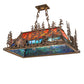 Meyda Lighting Bear Through the Trees 36" 6-Light Dark Burnished Antique Copper Island Pendant Light With Orange Sunset & Blue Green Shade Glass