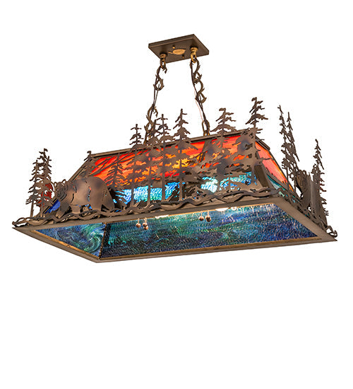 Meyda Lighting Bear Through the Trees 36" 6-Light Dark Burnished Antique Copper Island Pendant Light With Orange Sunset & Blue Green Shade Glass