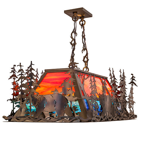 Meyda Lighting Bear Through the Trees 36" 6-Light Dark Burnished Antique Copper Island Pendant Light With Orange Sunset & Blue Green Shade Glass