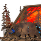 Meyda Lighting Bear Through the Trees 36" 6-Light Dark Burnished Antique Copper Island Pendant Light With Orange Sunset & Blue Green Shade Glass