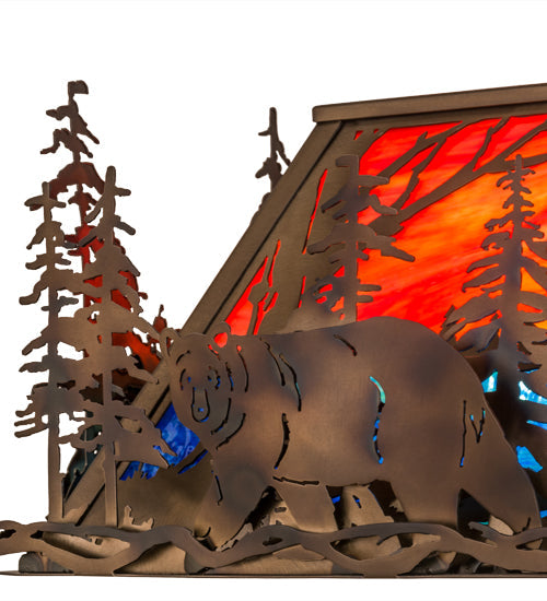 Meyda Lighting Bear Through the Trees 36" 6-Light Dark Burnished Antique Copper Island Pendant Light With Orange Sunset & Blue Green Shade Glass