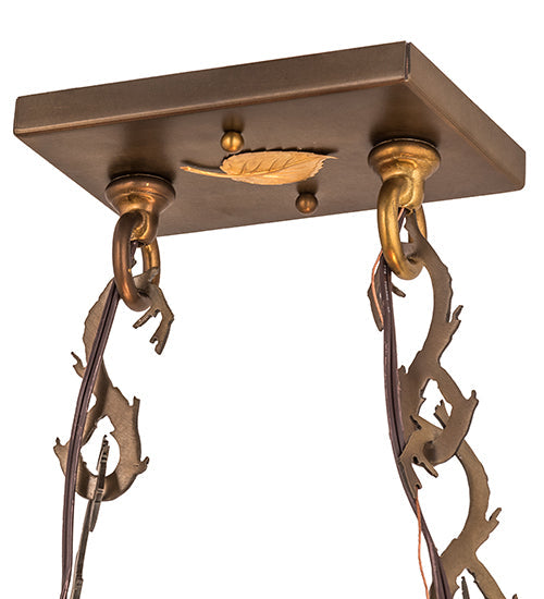 Meyda Lighting Bear Through the Trees 36" 6-Light Dark Burnished Antique Copper Island Pendant Light With Orange Sunset & Blue Green Shade Glass