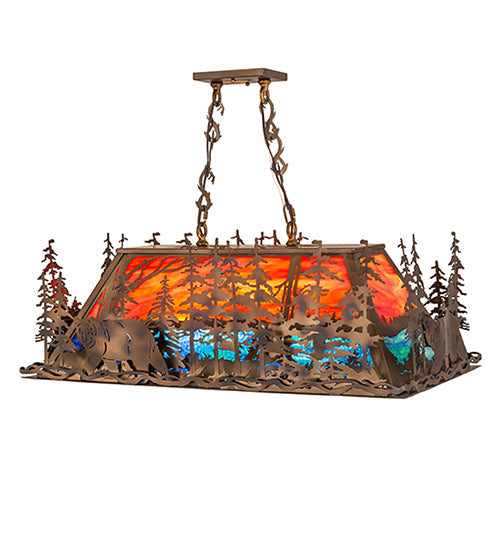 Meyda Lighting Bear Through the Trees 36" 6-Light Dark Burnished Antique Copper Island Pendant Light With Orange Sunset & Blue Green Shade Glass