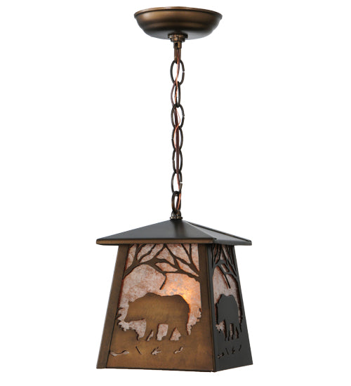 Meyda Lighting Bear at Dawn 10" Antique Copper Mini Pendant Light With Silver Mica Shade Glass