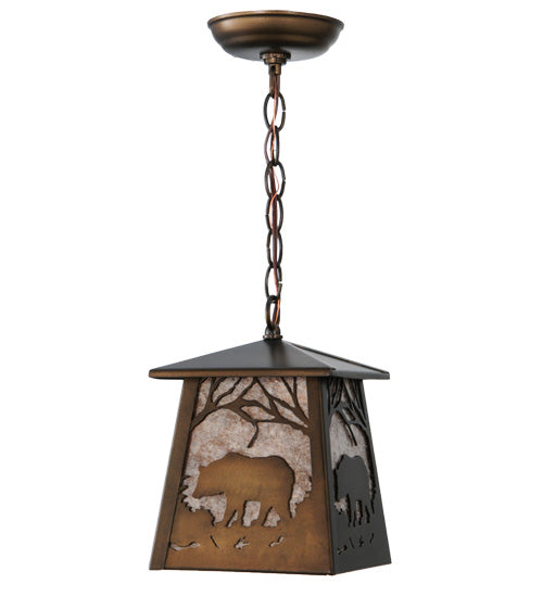 Meyda Lighting Bear at Dawn 10" Antique Copper Mini Pendant Light With Silver Mica Shade Glass