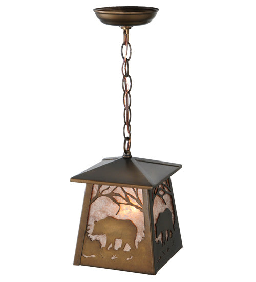 Meyda Lighting Bear at Dawn 10" Antique Copper Mini Pendant Light With Silver Mica Shade Glass