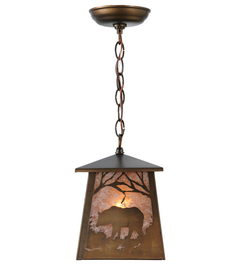 Meyda Lighting Bear at Dawn 10" Antique Copper Mini Pendant Light With Silver Mica Shade Glass