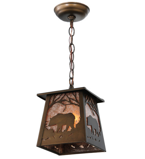 Meyda Lighting Bear at Dawn 10" Antique Copper Mini Pendant Light With Silver Mica Shade Glass