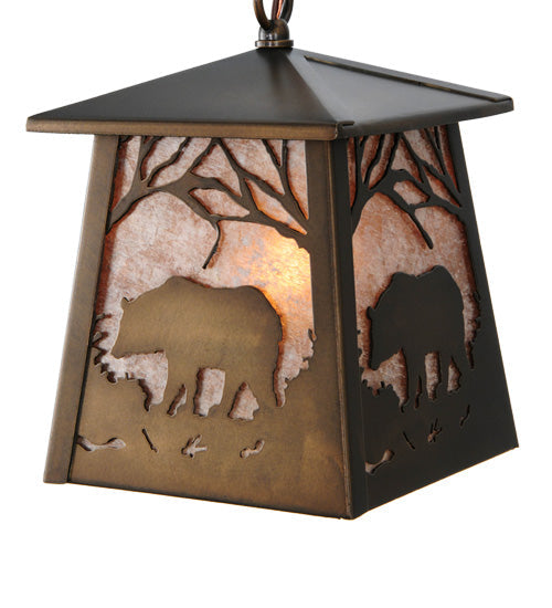Meyda Lighting Bear at Dawn 10" Antique Copper Mini Pendant Light With Silver Mica Shade Glass