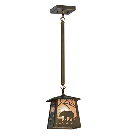 Meyda Lighting Bear at Dawn 10" Antique Copper Mini Pendant Light With Silver Mica Shade Glass