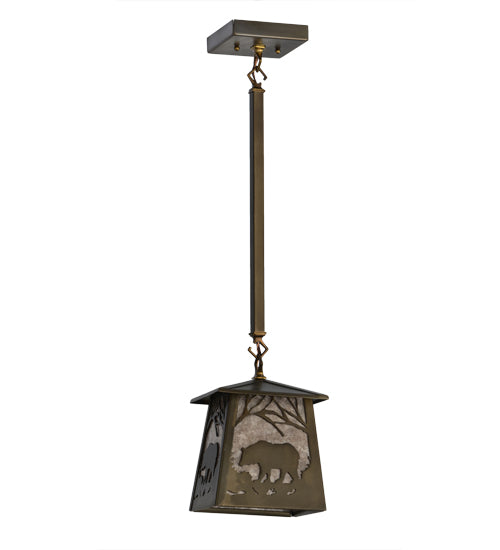 Meyda Lighting Bear at Dawn 10" Antique Copper Mini Pendant Light With Silver Mica Shade Glass