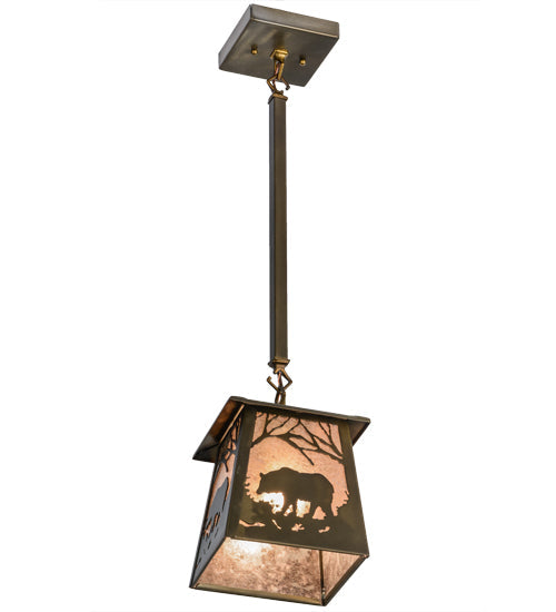 Meyda Lighting Bear at Dawn 10" Antique Copper Mini Pendant Light With Silver Mica Shade Glass